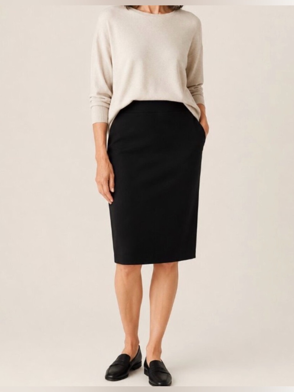 NWT Eileen Fisher Black Italian Fabric Doubleknit pull on stretch Pencil Skirt M